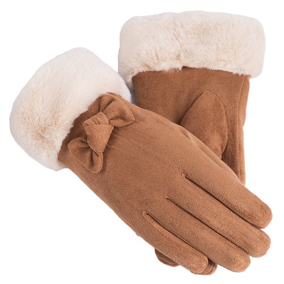comerut 1 Pair Women Winter Gloves Thickened Plush Soft Five Fingers Bow Decor Solid Color Windproof Heat Retention Cycling Camping Gloves