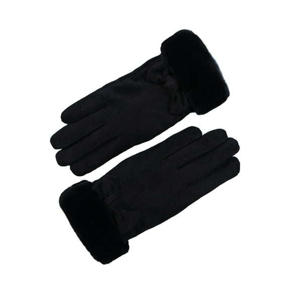 comerut 1 Pair Women Winter Gloves Thickened Plush Soft Five Fingers Bow Decor Solid Color Windproof Heat Retention Cycling Camping Gloves