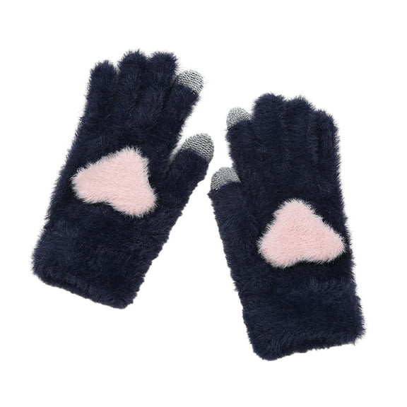 comerut 1 Pair of Women Winter Gloves Heart Pattern Full Finger with Touch-Screen Design Non-Slip Fashionable Warm Knit Mittens