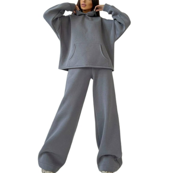 comerut 1 Set Sweatshirt Sweatpants Solid Color Wide Leg Autumn Winter Warm Hoodie Elastic Waist Pants for Daily Wear