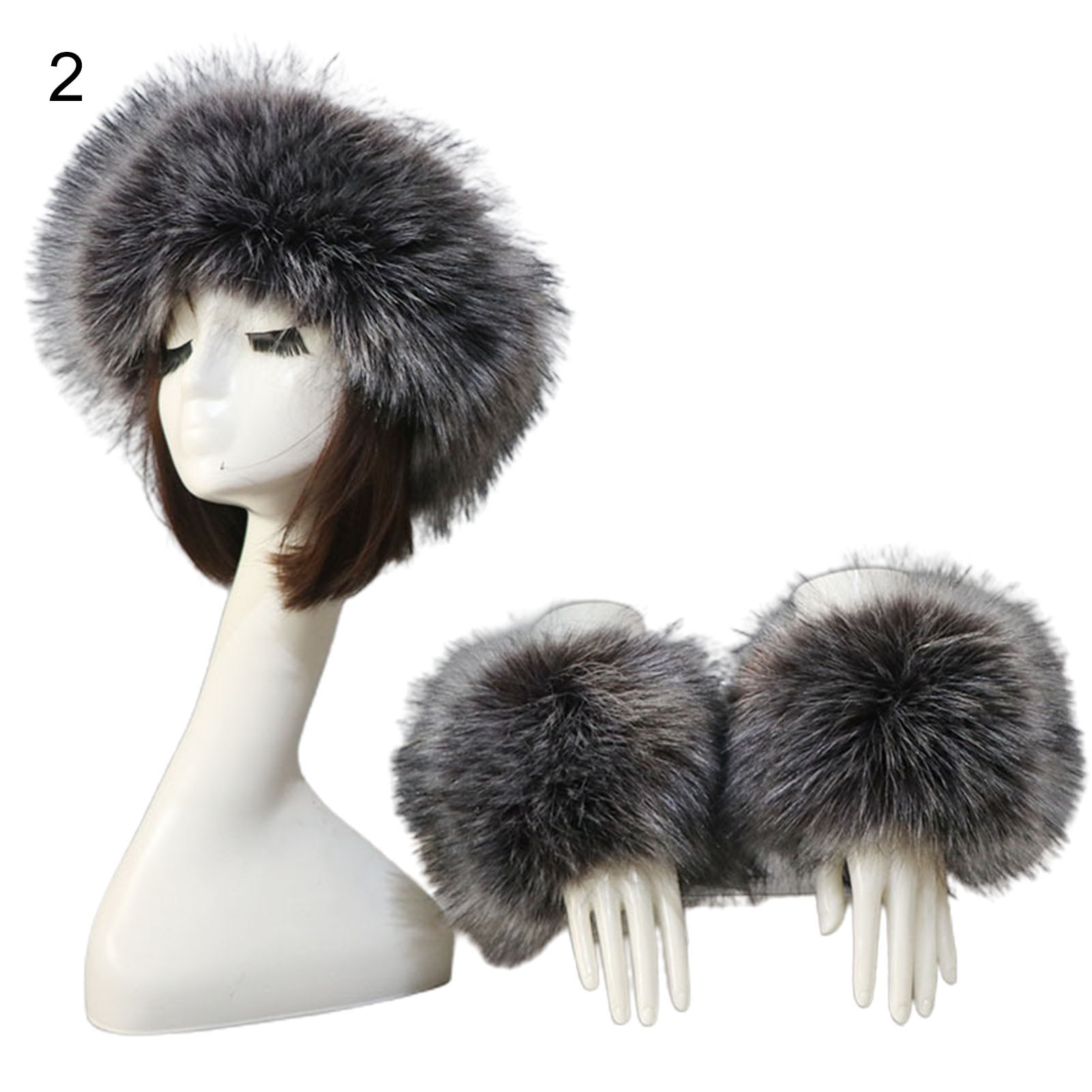comerut 1 Set Women Headband Gloves Solid Color All Match Faux Fur Furry Empty Top Hat Wrist Sleeves for Skiing