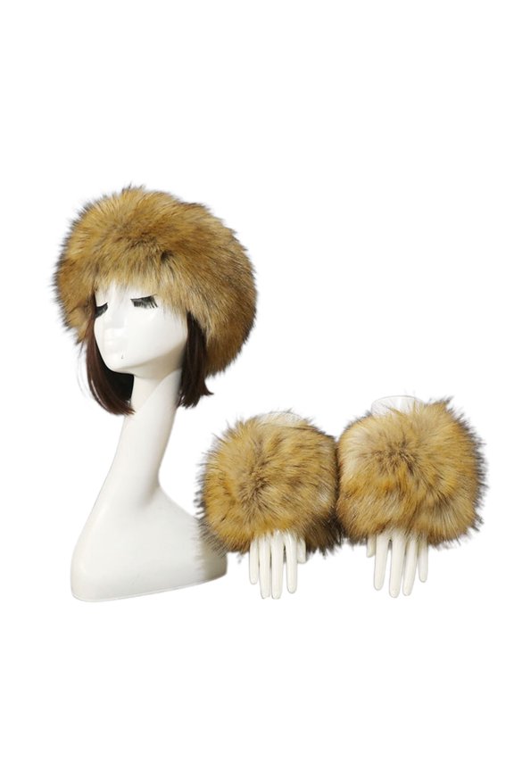 1 Set Women Headband Gloves Solid Color All Match Faux Fur Furry Empty Top Hat Wrist Sleeves for Skiing
