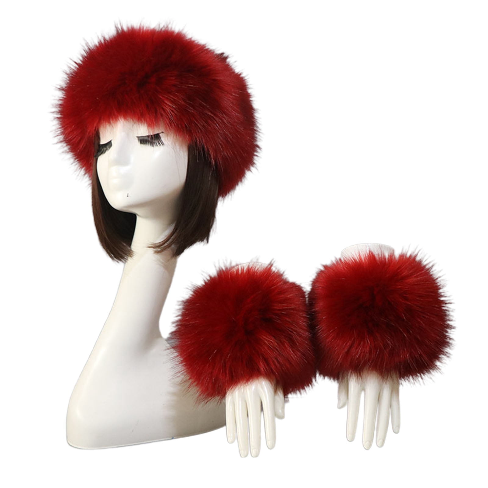 comerut 1 Set Women Headband Gloves Solid Color All Match Faux Fur Furry Empty Top Hat Wrist Sleeves for Skiing