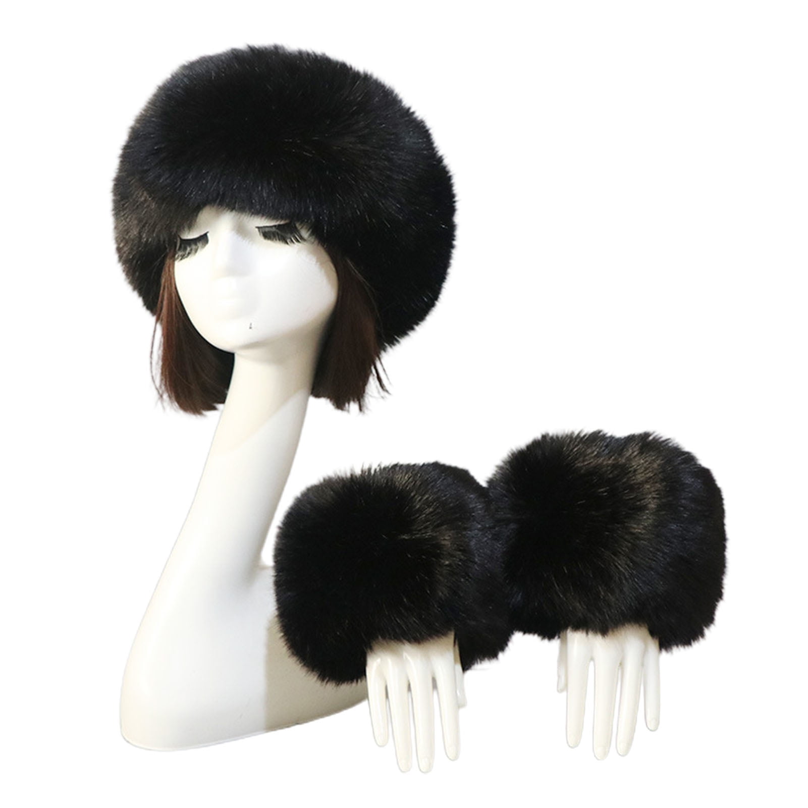 comerut 1 Set Women Headband Gloves Solid Color All Match Faux Fur Furry Empty Top Hat Wrist Sleeves for Skiing