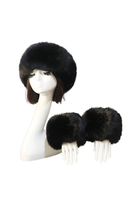1 Set Women Headband Gloves Solid Color All Match Faux Fur Furry Empty Top Hat Wrist Sleeves for Skiing
