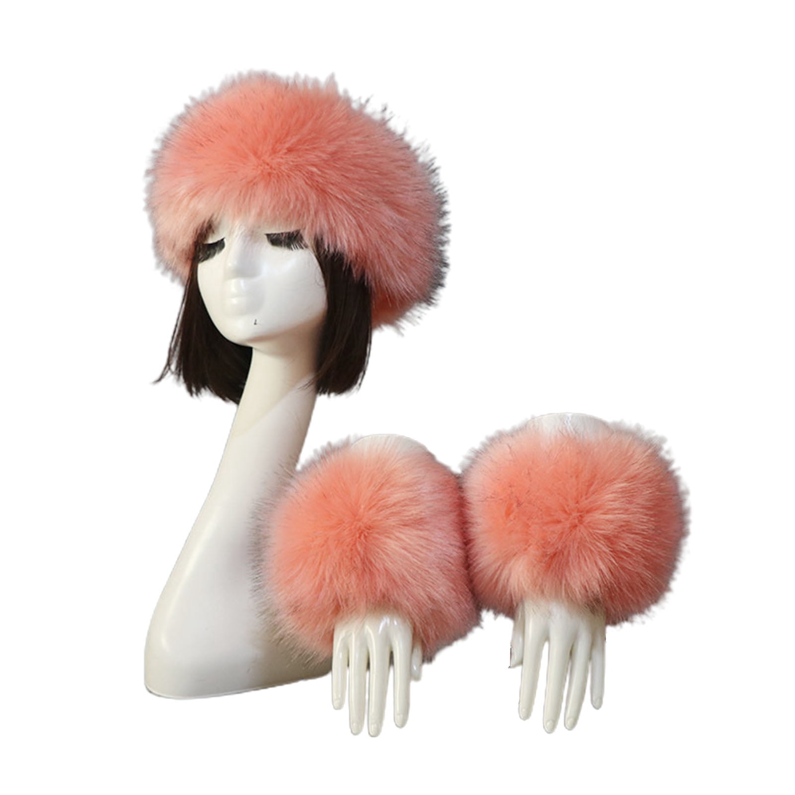 comerut 1 Set Women Headband Gloves Solid Color All Match Faux Fur Furry Empty Top Hat Wrist Sleeves for Skiing