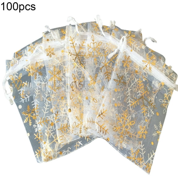 comerut 100Pcs Gift Bags Snowflake Pattern Reusable Organza Drawstring Candy Bag Party Supplies