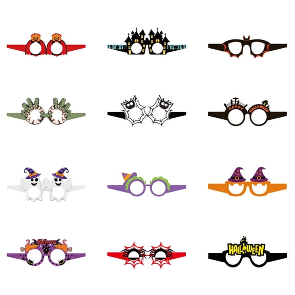 comerut 12 Pairs Kids Adults Paper Party Eyeglasses Pumpkin Bat Skull Ghost Witch Shape Halloween Glasses Party Supplies