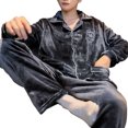 thumbnail image 1 of comerut 2 Pcs/Set Men Winter Pajamas Set Lapel Thick Buttons Single-breasted Loose Elastic Waist Warm Soft Pockets Wide Leg Solid Color Men Homewear Top Pants Set, 1 of 8