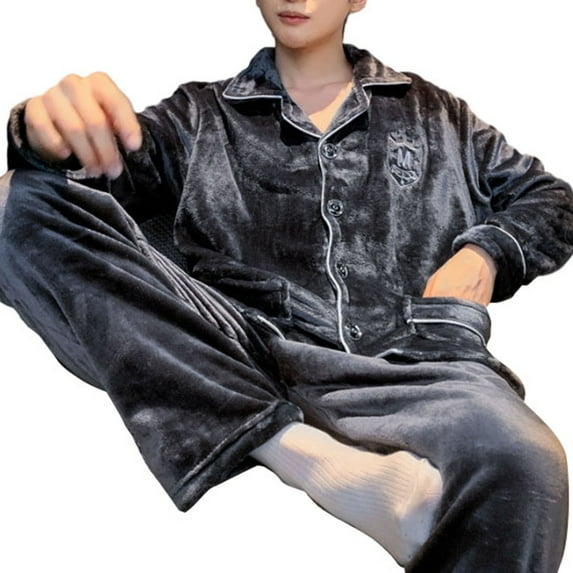 comerut 2 Pcs/Set Men Winter Pajamas Set Lapel Thick Buttons Single-breasted Loose Elastic Waist Warm Soft Pockets Wide Leg Solid Color Men Homewear Top Pants Set