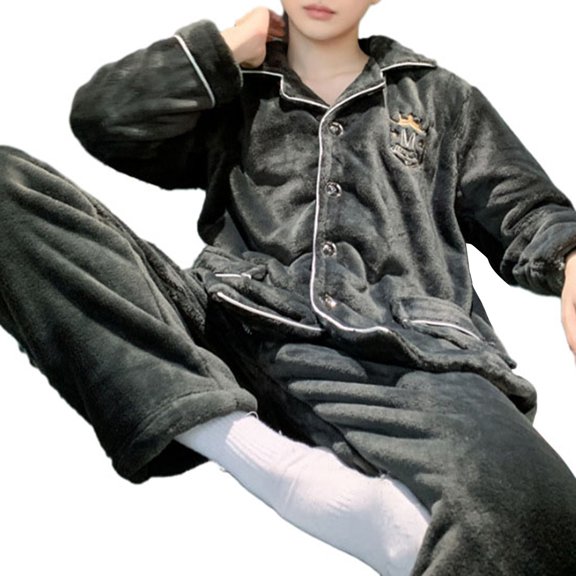 comerut 2 Pcs/Set Men Winter Pajamas Set Lapel Thick Buttons Single-breasted Loose Elastic Waist Warm Soft Pockets Wide Leg Solid Color Men Homewear Top Pants Set