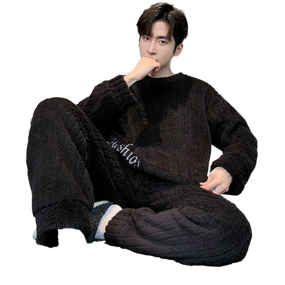 comerut 2 Pcs/Set Men Winter Pajamas Set Round Neck Long Sleeve Thick Twisted Texture Loose Elastic Waist Warm Soft Pockets Contrast Color Men Homewear Top Pants Set