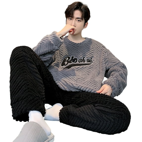 comerut 2 Pcs/Set Men Winter Pajamas Set Round Neck Long Sleeve Thick Twisted Texture Loose Elastic Waist Warm Soft Pockets Contrast Color Men Homewear Top Pants Set