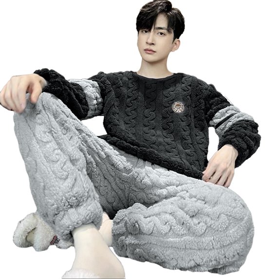 comerut 2 Pcs/Set Men Winter Pajamas Set Round Neck Long Sleeve Thick Twisted Texture Loose Elastic Waist Warm Soft Pockets Contrast Color Men Homewear Top Pants Set