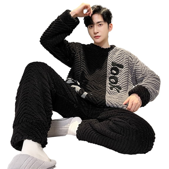 comerut 2 Pcs/Set Men Winter Pajamas Set Round Neck Long Sleeve Thick Twisted Texture Loose Elastic Waist Warm Soft Pockets Contrast Color Men Homewear Top Pants Set