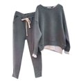 thumbnail image 1 of comerut 2 Pcs/Set Women Sweatshirt Pants Set Fake Two-piece Loose Elastic Waist Crew Neck Solid Color Warm Drawstring Casual Women Autumn Tracksuit for Daily Wear, 1 of 8
