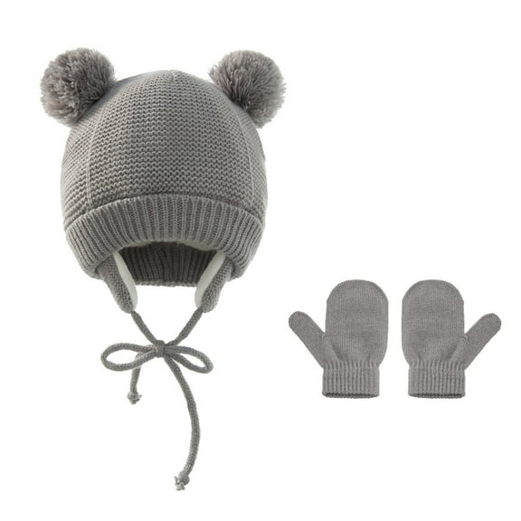 comerut 2Pcs/Set Plush Balls Earflap Lace-Up Ribbed Cuffs Baby Hat Gloves Fleece Lined Solid Color Infant Knitted Mittens Beanie Set Baby Accessories