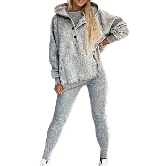 comerut 3 Pcs/Set Women Hoodie Vest Pants Set Solid Color Loose Soft Thick Warm Elastic Waist Button Pockets Sports Casual Daily Vest Top Trousers Set