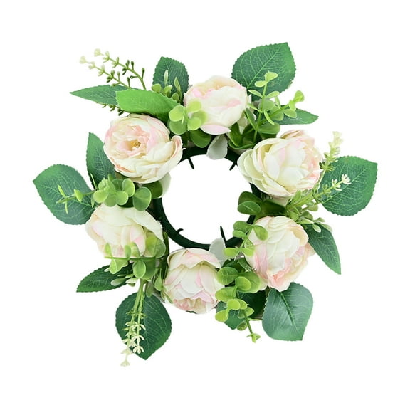 comerut Artificial Peony Wreath Candle Ring Pillar Candle Holder Spring Green Leaves 6 Head Flower Garland DIY Home Wedding Party Table Centerpiece Decoration