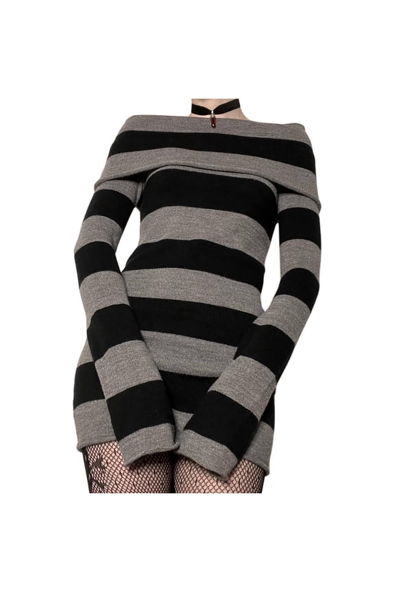 Autumn Dress Stripe Pattern Off-shoulder Long Sleeves Slim-fitting Windproof Keep Warm Polyester Autumn Temperament Slim Knitted Body-con Dress for Dating