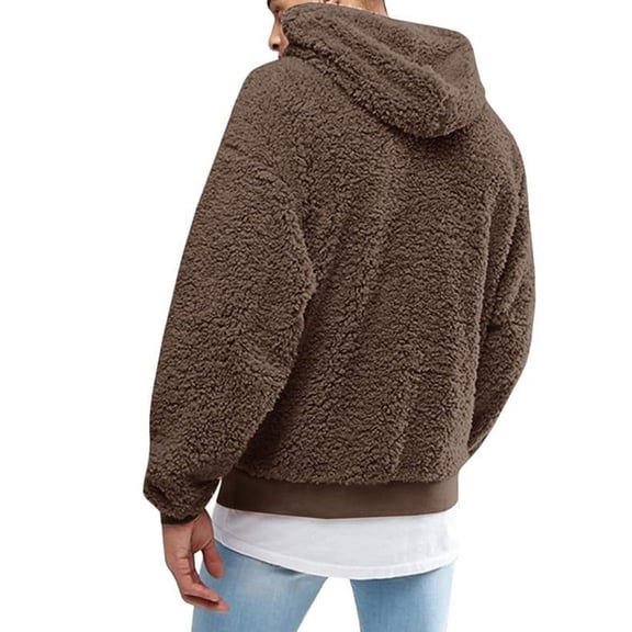 comerut Autumn Hoodie Solid Color Hooded Hat Long Sleeves Soft Thick Warm Plush Drawstring Men Hoodie for Daily Wear