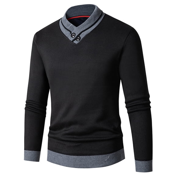 comerut Autumn Winter Men Sweater V Neck Knitted Thick Elastic Warm Long Sleeves Pullover Slim Fit Contrast Color Mid Length Men Thermal Underwear