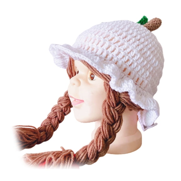 comerut Baby Girls Winter Braided Wig Woolen Yarn Knitted Hat Warm Cap Photography Prop