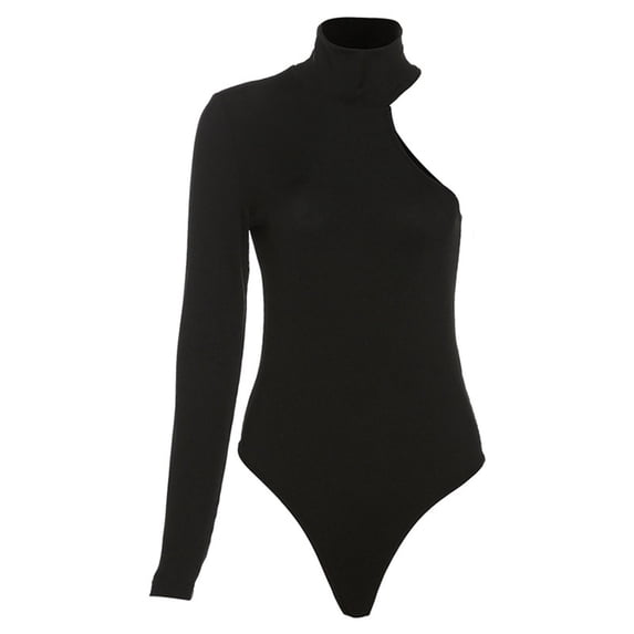 comerut Bodysuit One Shoulder Hollow Knitted Turtleneck Solid Color Elastic Soft Warm Bodysuit Skinny Lady Spring Fall Top