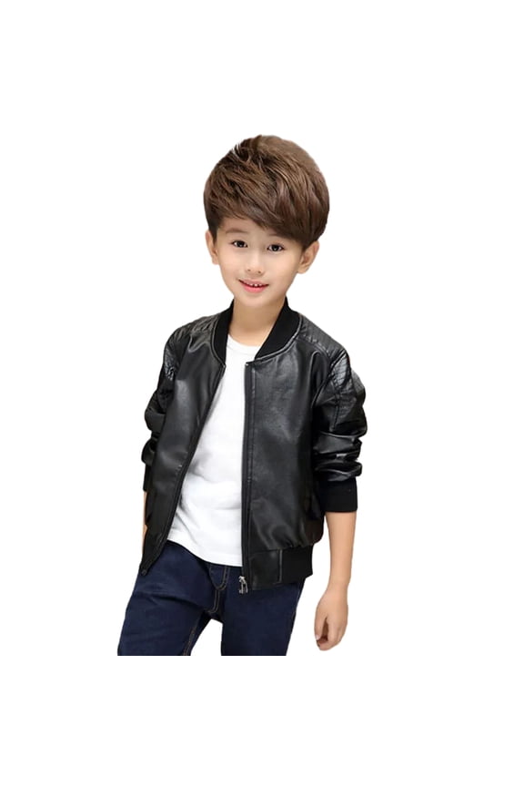 Boys Faux Leather Jacket Autumn Winter Thick Warm Plush Lined V Neck Zipper Pocket Long Sleeves Casual Solid Color Kids Casual Coat