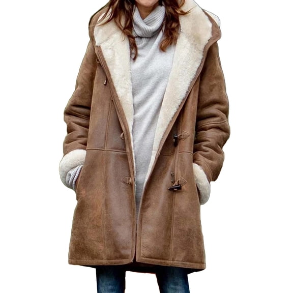 comerut Casual Women Winter Solid Color Horn Buckles Fleece Lining Long Warm Hooded Coat