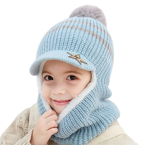 comerut Children Plush Windproof Warm Kids Boys Girls Pompom Hat Brim Scarf Head Cap