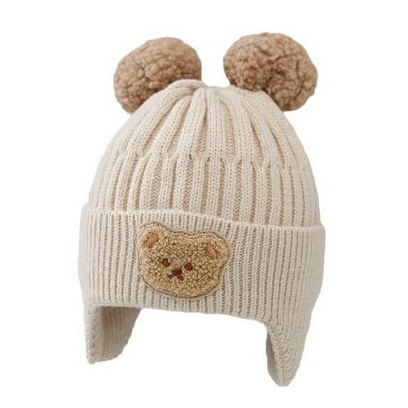 comerut Children Winter Hat Ear Protection Color Matching Cartoon Bear Plush Ball Decor Elastic Knitted Thick Warm Soft Unisex Baby Beanie