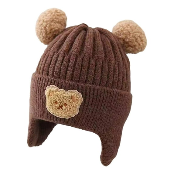comerut Children Winter Hat Ear Protection Color Matching Cartoon Bear Plush Ball Decor Elastic Knitted Thick Warm Soft Unisex Baby Beanie