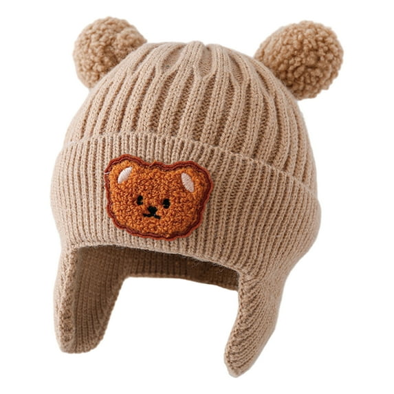 comerut Children Winter Hat Ear Protection Color Matching Cartoon Bear Plush Ball Decor Elastic Knitted Thick Warm Soft Unisex Baby Beanie