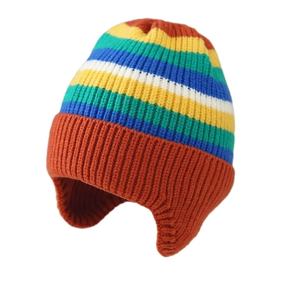 comerut Children Winter Hat Striped Rainbow Color Knitted Thick Warm Elastic Ear Protection Unisex Soft Warm Windproof Kids Beanie Cap