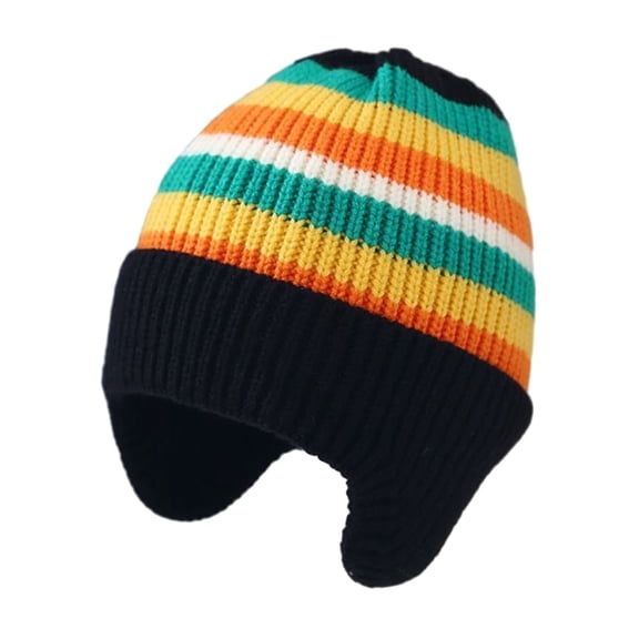 comerut Children Winter Hat Striped Rainbow Color Knitted Thick Warm Elastic Ear Protection Unisex Soft Warm Windproof Kids Beanie Cap