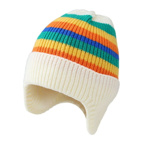 comerut Children Winter Hat Striped Rainbow Color Knitted Thick Warm Elastic Ear Protection Unisex Soft Warm Windproof Kids Beanie Cap