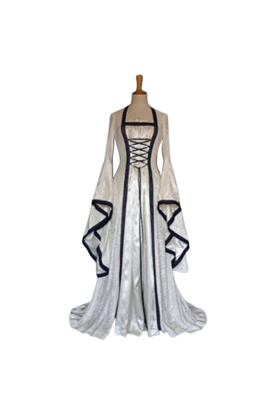 Cosplay Dress Flare Sleeve Vintage Floor Length Solid Color Large Cuff Maxi Dress for Halloween