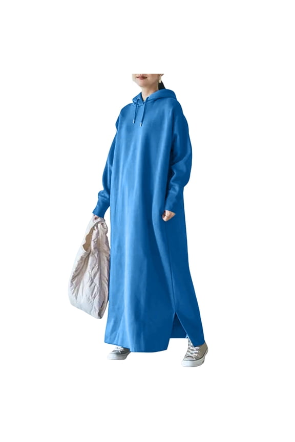 Drawstring Long Sleeve Side Split Hem Thickened Fleece Lining Sweatshirt Dress Autumn Winter Solid Color Oversized Warm Hooded Maxi Dress