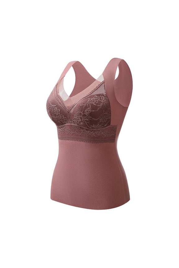 Embroidery Lace Decor Push Up Chest Pads V-Neck High Elastic Thermal Vest Women Winter Seamless Darlon Lining Warm Underwear Waistcoat Daily Garment