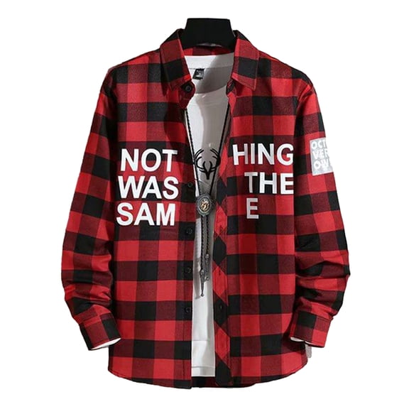 comerut Fall Spring Men Shirt Lapel Long Sleeve Single-breasted Plaid Print Warm Cardigan Color Matching Buttons Mid Length Loose Men Top