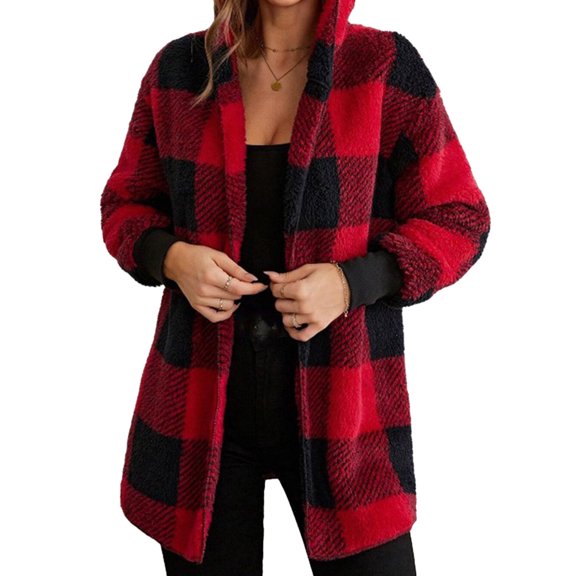 comerut Fall Winter Coat Thick Knitted Loose Color Matching Loose Open Stitch Hooded Warm Plaid Print Mid Length Elastic Cuff Lady Overcoat