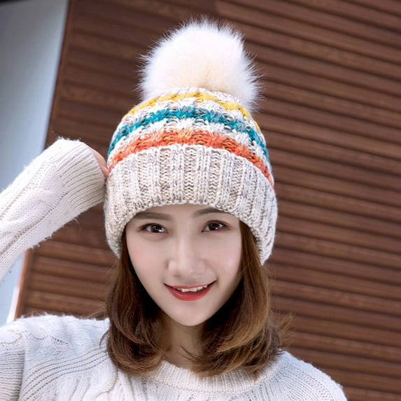 comerut Fall Winter Fashion Girl Warm Colorful Woolen Yarn Knitted Pompom Beanie Hat Cap