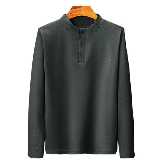comerut Fall Winter Men Top Half-high Collar Solid Color Warm Thick Long Sleeve Button Decor Soft Pullover Mid Length Thermal Bottoming Top