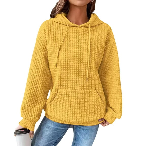 comerut Fall Winter Women Hoodie Big Patch Pocket Drawstring Hooded Solid Color Loose Thick Warm Long Sleeve Waffle Texture Lady Pullover Top