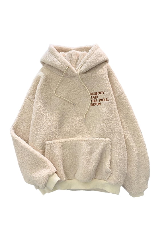 Fall Winter Women Hoodie Drawstring Elastic Cuff Thick Fleece Patch Pocket Loose Long Sleeves Pullover Warm Letter Embroidery Top
