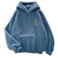 thumbnail image 1 of comerut Fall Winter Women Hoodie Drawstring Elastic Cuff Thick Fleece Patch Pocket Loose Long Sleeves Pullover Warm Letter Embroidery Top, 1 of 8