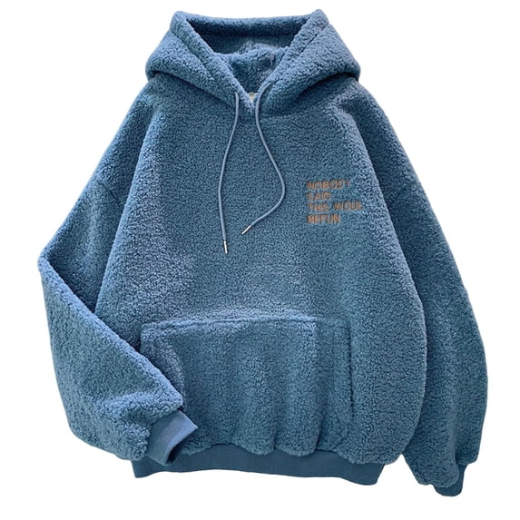 comerut Fall Winter Women Hoodie Drawstring Elastic Cuff Thick Fleece Patch Pocket Loose Long Sleeves Pullover Warm Letter Embroidery Top