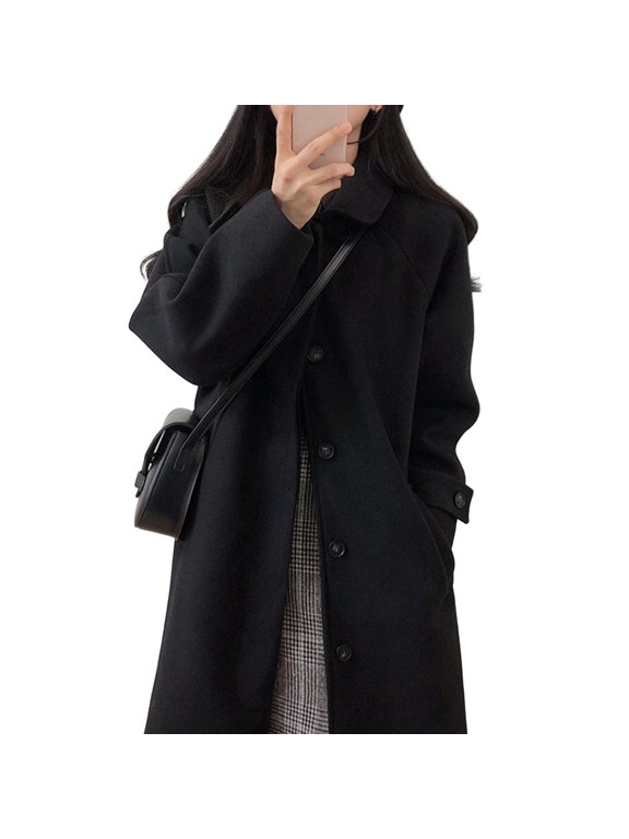 Fall Winter Women Overcoat Turn-down Collar Long Sleeve Single-breasted Pockets Loose Mid Length Solid Color Soft Warm Thick Lady Mid-calf Length Coat