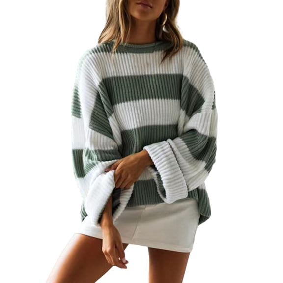 comerut Fall Winter Women Sweater Colorblock Knitted Thick Loose Warm Pullover Round Neck Elastic Soft Cozy Anti-shrink Long Sleeve Lady Sweater